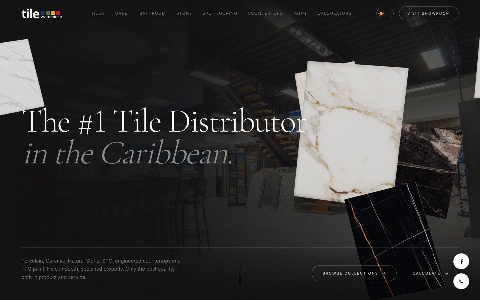 The Tile Warehouse homepage: the headline “The #1 Tile Distributor in the Caribbean” over a dim showroom photo, with marble slabs floating across the frame.